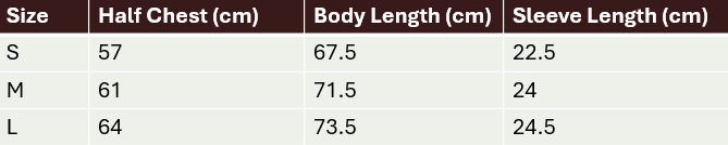 Table displaying clothing size chart with measurements for half chest, body length, and sleeve length.